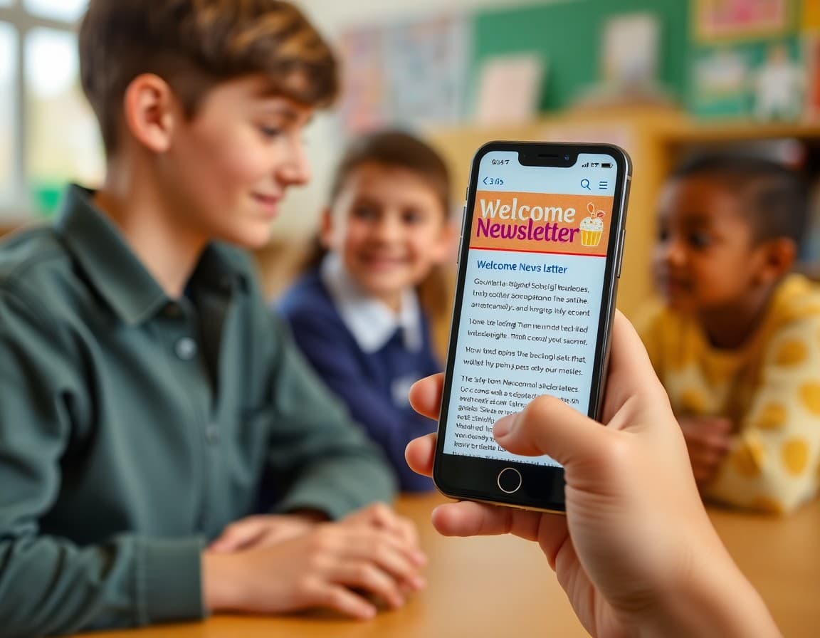 Welcome newsletter for new school families displayed on a phone showing warm introductory content
