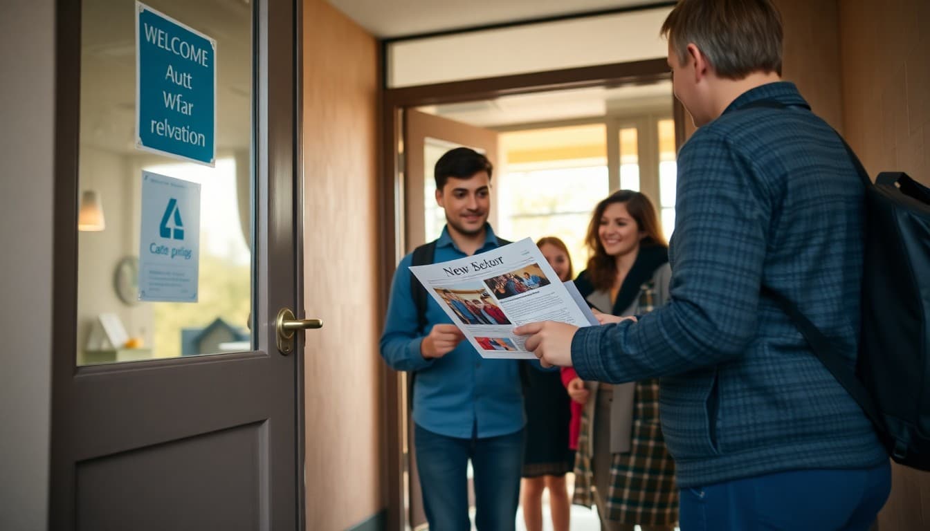 New family being welcomed at a school entrance with teacher handing them an introductory newsletter