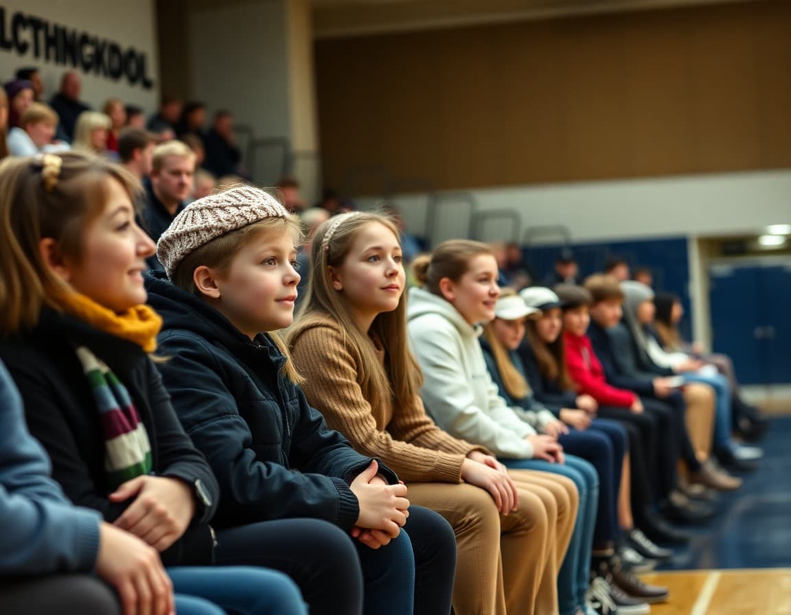 Families in bleachers at high school basketball game on winter sports night