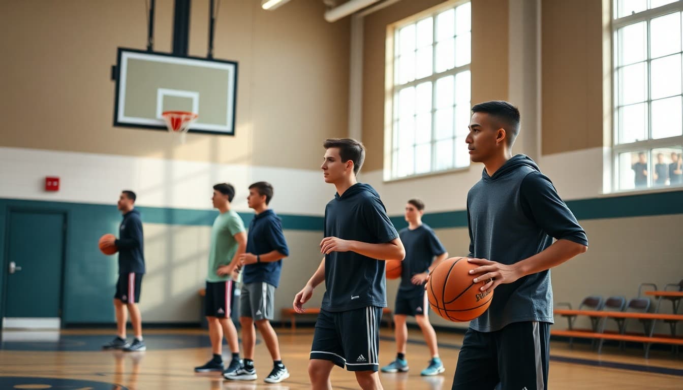 Basketball players warming up for winter sports season practice in school gym