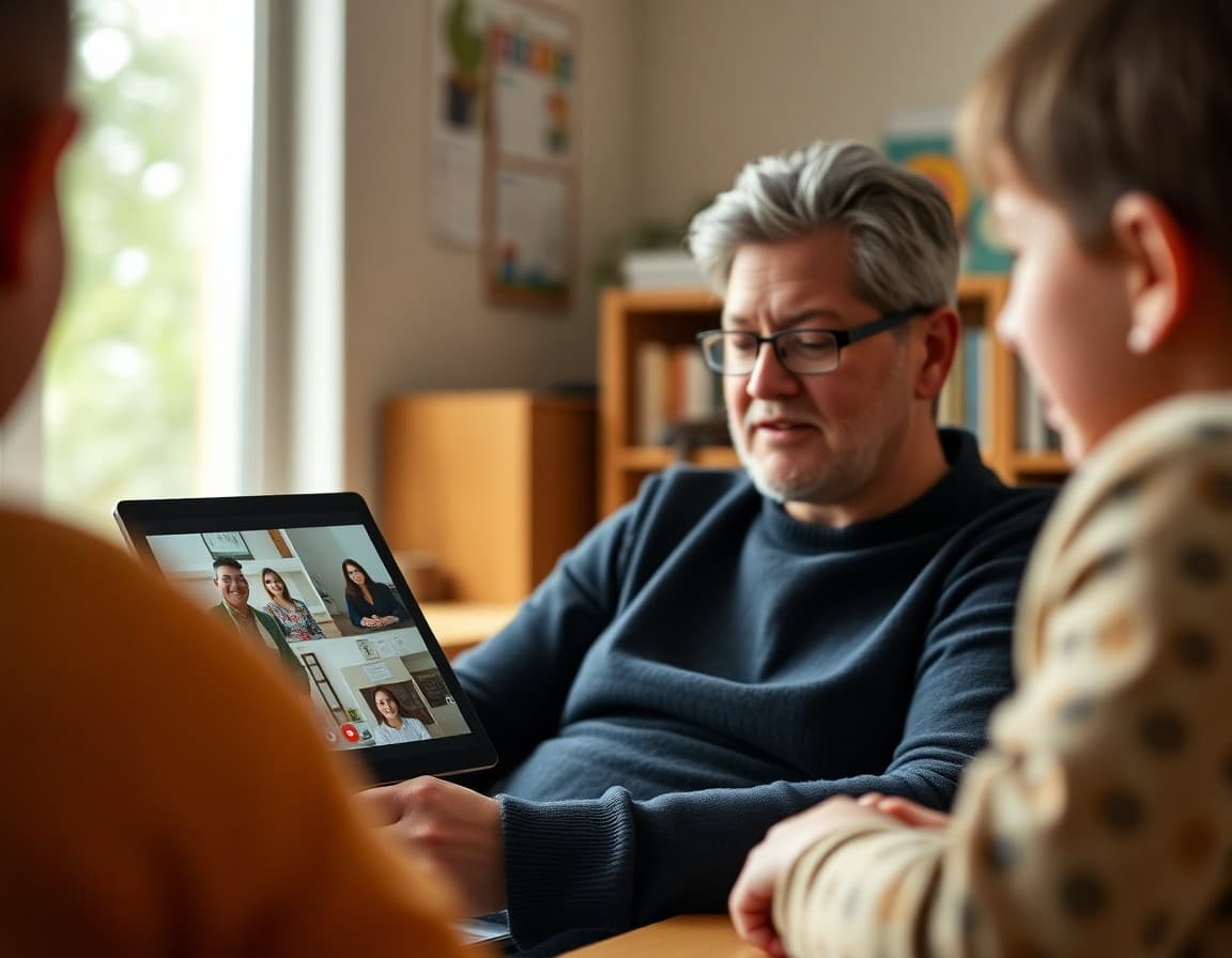 Parent joining a school Zoom meeting from a home tablet device