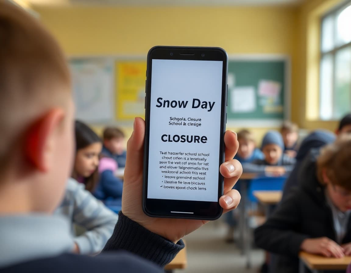 Snow day school closure notification displayed on a phone screen with clear closure details