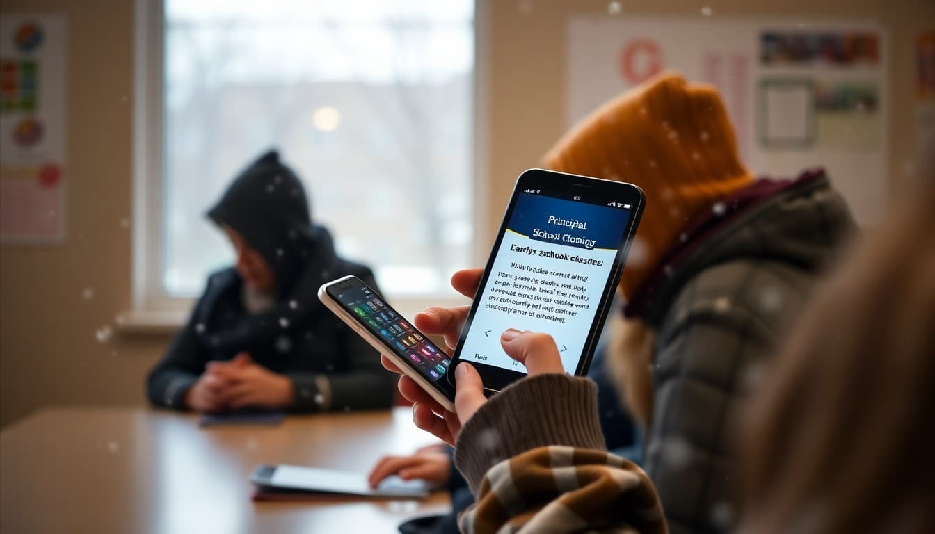 Principal sending an early morning school closure notification on a smartphone during a snowstorm