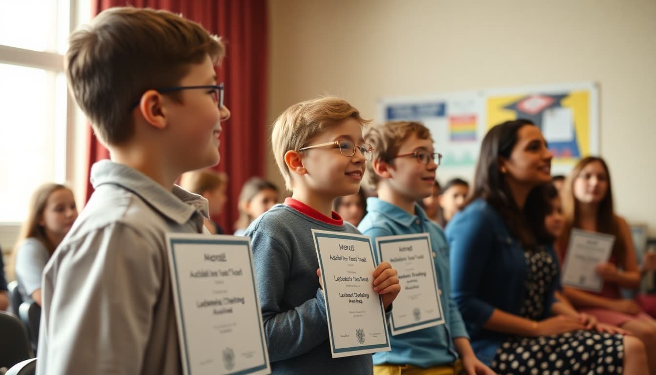 Students receiving academic achievement awards at school ceremony with families in the audience