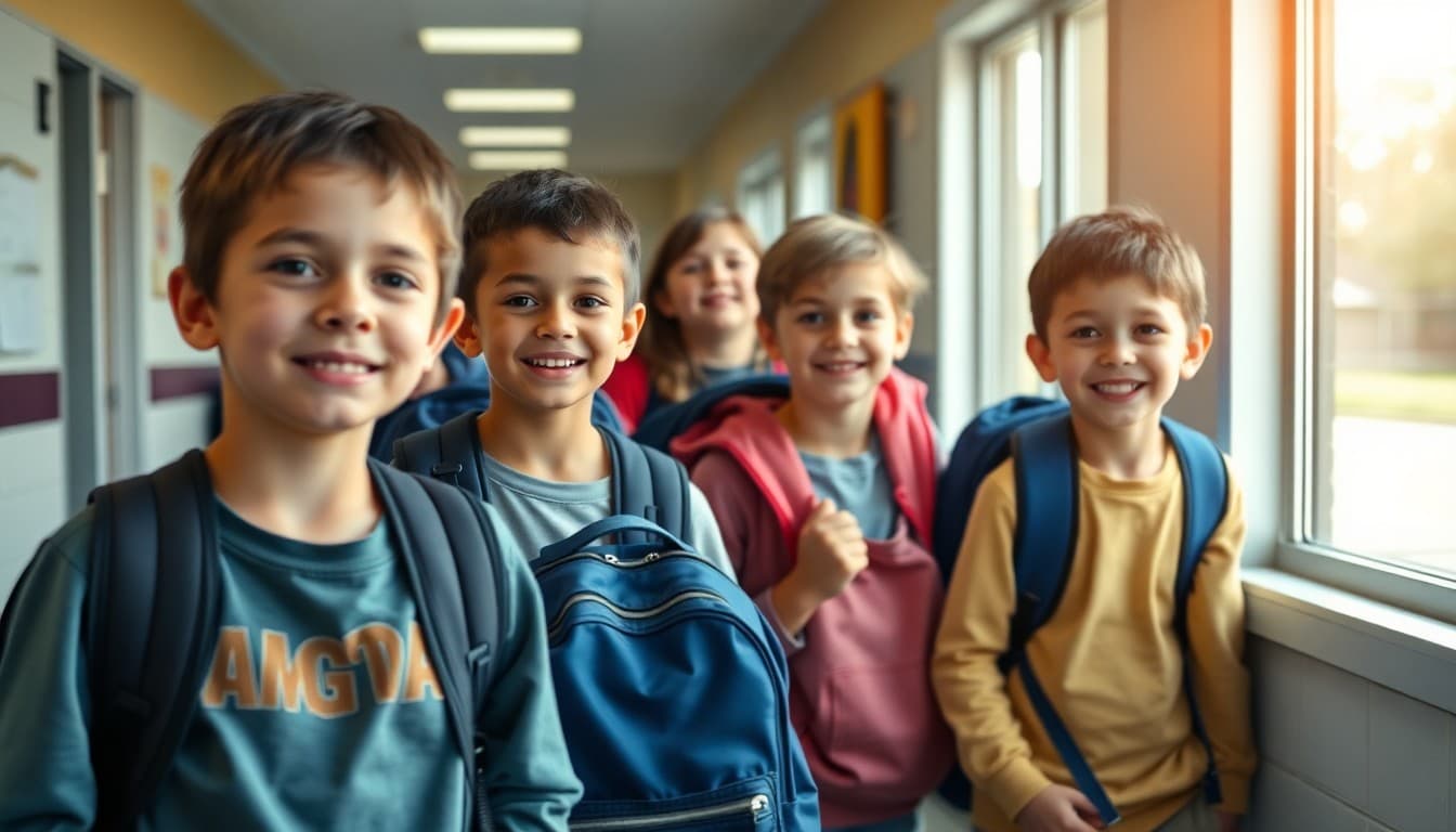 Suburban school students arriving with backpacks on the first excited day of school
