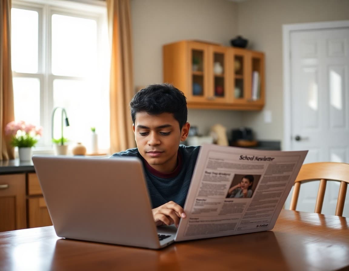 Parent reading a school newsletter on a laptop at a kitchen table in a suburban home