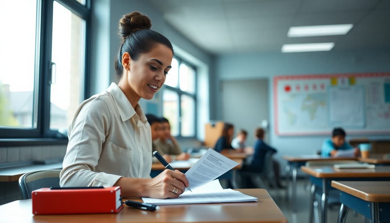 Suburban school teacher writing a newsletter at a desk in a well-lit modern classroom