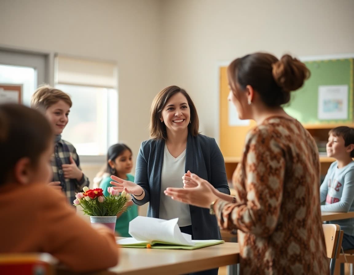 Teacher welcoming parents at an open house table in a suburban elementary school