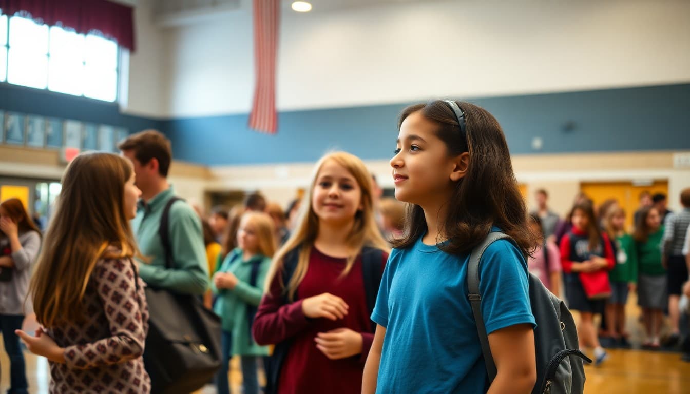 Suburban school families gathering for an open house evening event in a school gymnasium