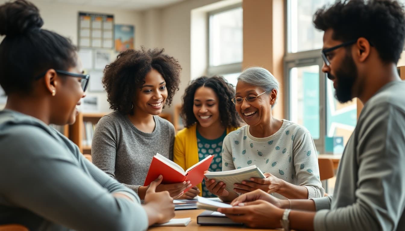 Suburban school teacher and diverse parents collaborating in a school library setting