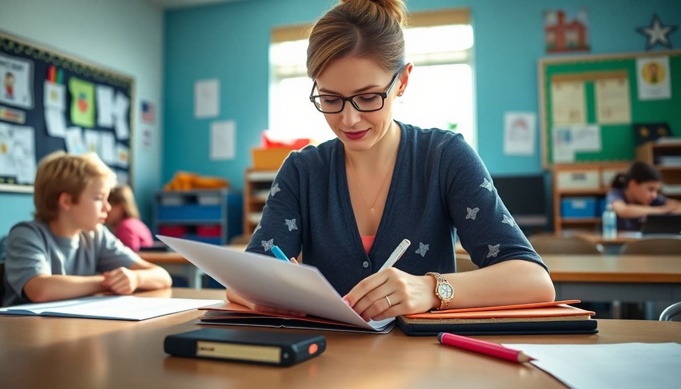 Elementary teacher in Tennessee writing a classroom newsletter at a desk with student work displayed