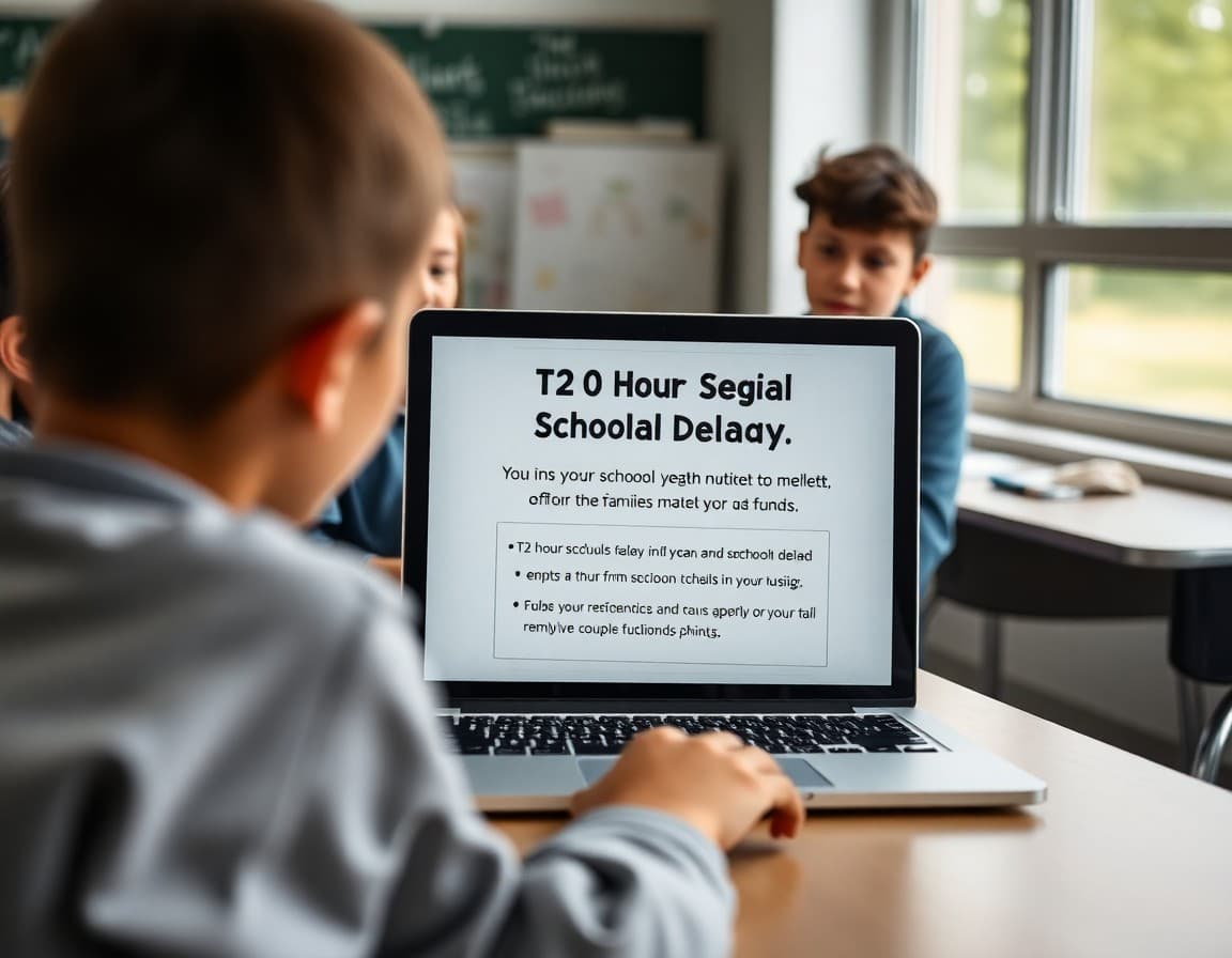 Two-hour school delay notification template displayed on a laptop ready to send to families