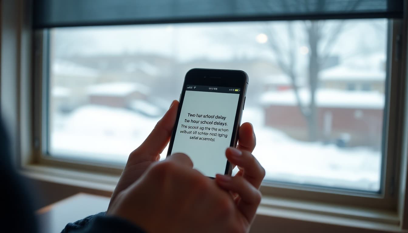 Parent on a phone reading a two-hour school delay notification at 6 AM with snow visible outside