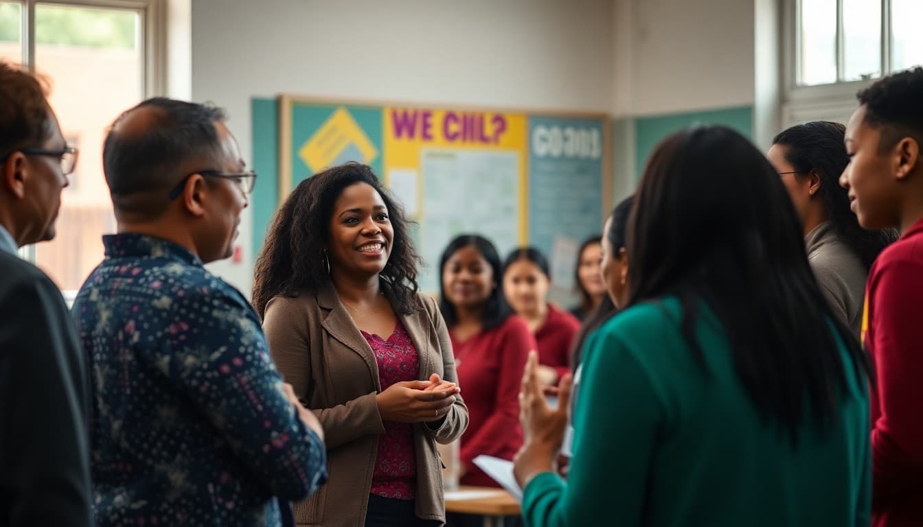 Urban school teacher meeting with diverse parents and community members at a school engagement event