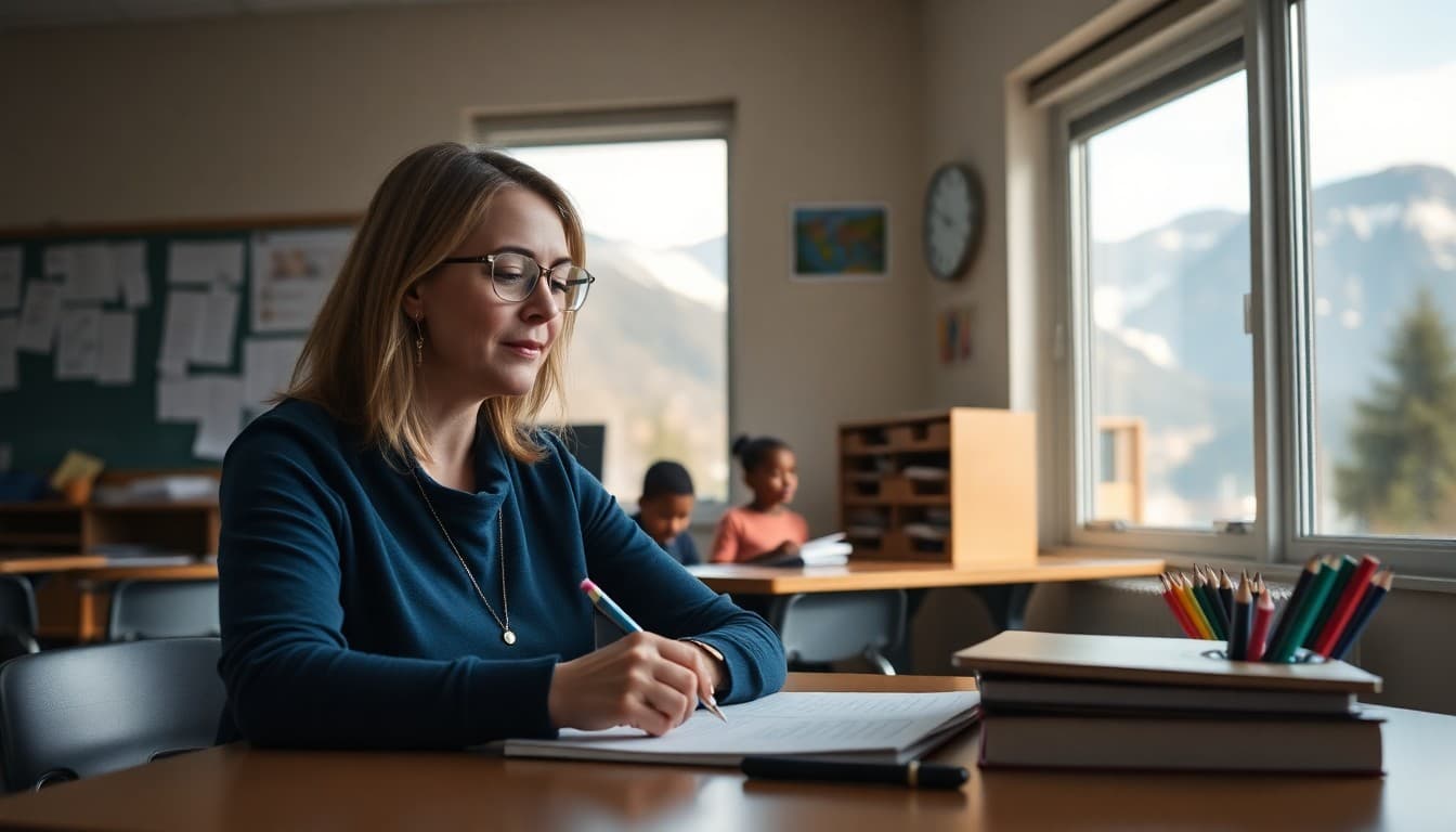Elementary teacher in Washington State writing a classroom newsletter at a desk overlooking mountains