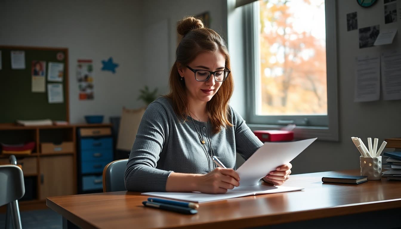Elementary teacher in Wisconsin writing a classroom newsletter at a desk with autumn foliage through the window