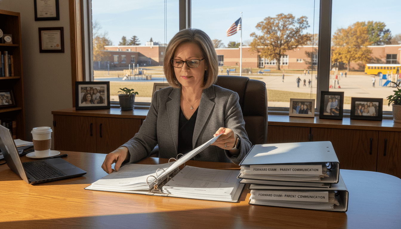 Wisconsin school principal reviewing parent communication requirements at a Milwaukee school office