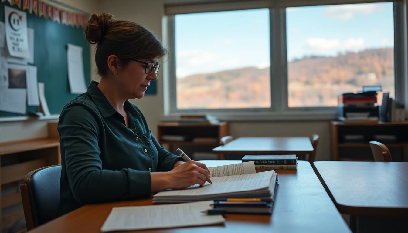 Elementary teacher in West Virginia writing a classroom newsletter at a desk with autumn hills visible