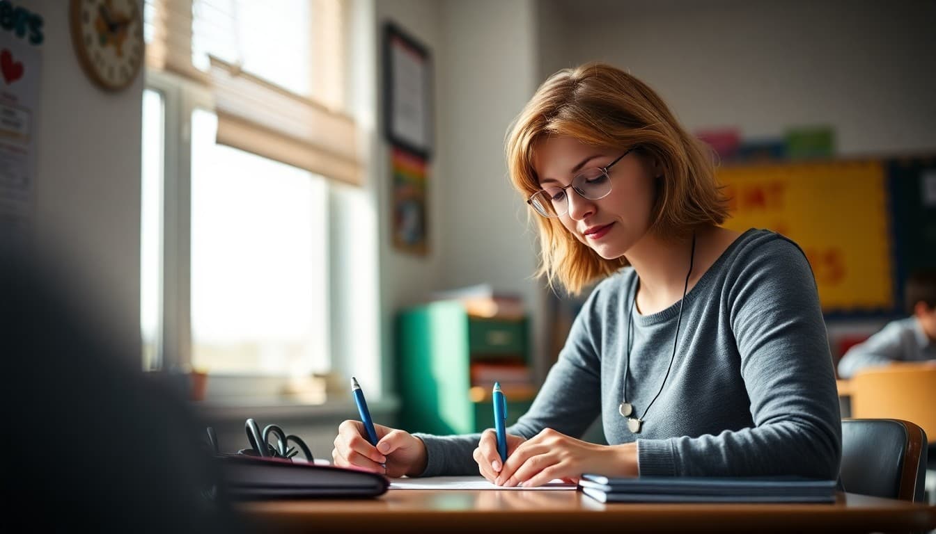 Elementary teacher in Wyoming writing a classroom newsletter at a desk near a window