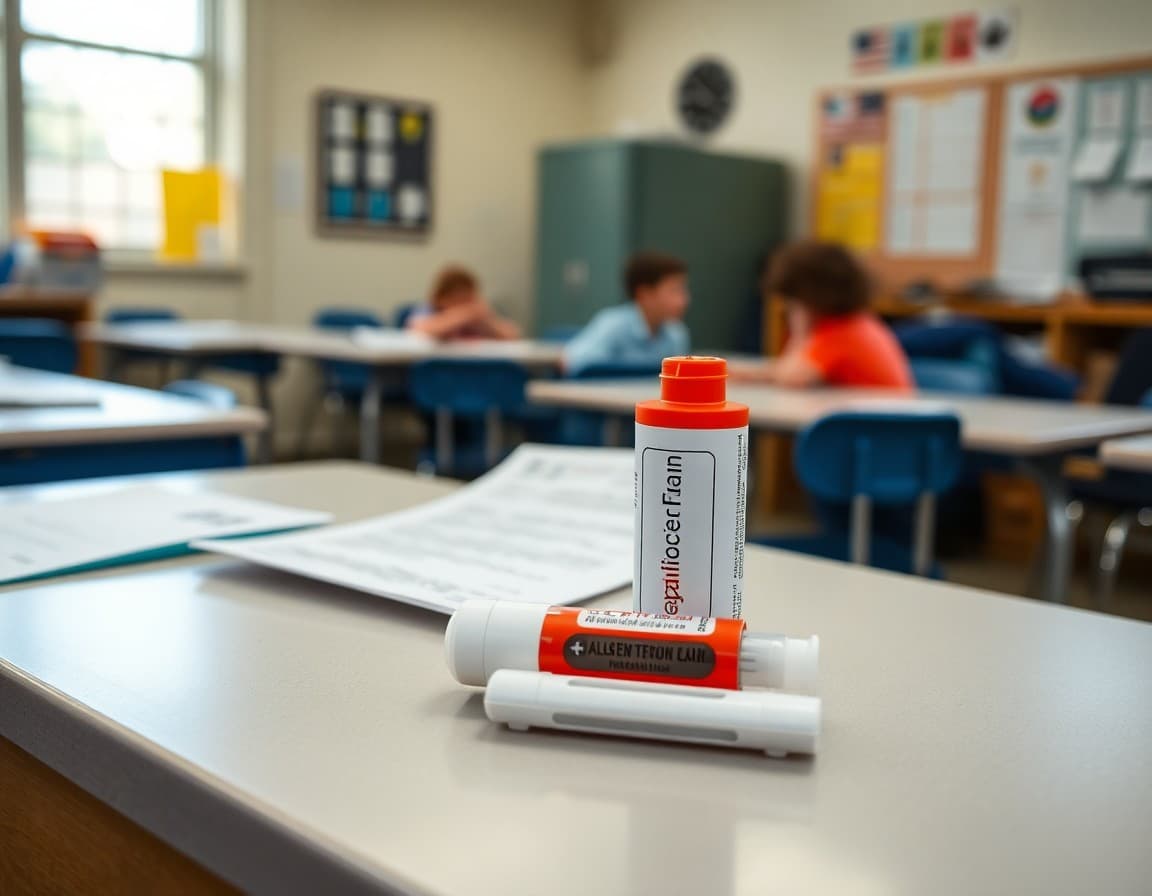 Allergy action plan and epinephrine auto-injector on school health office desk