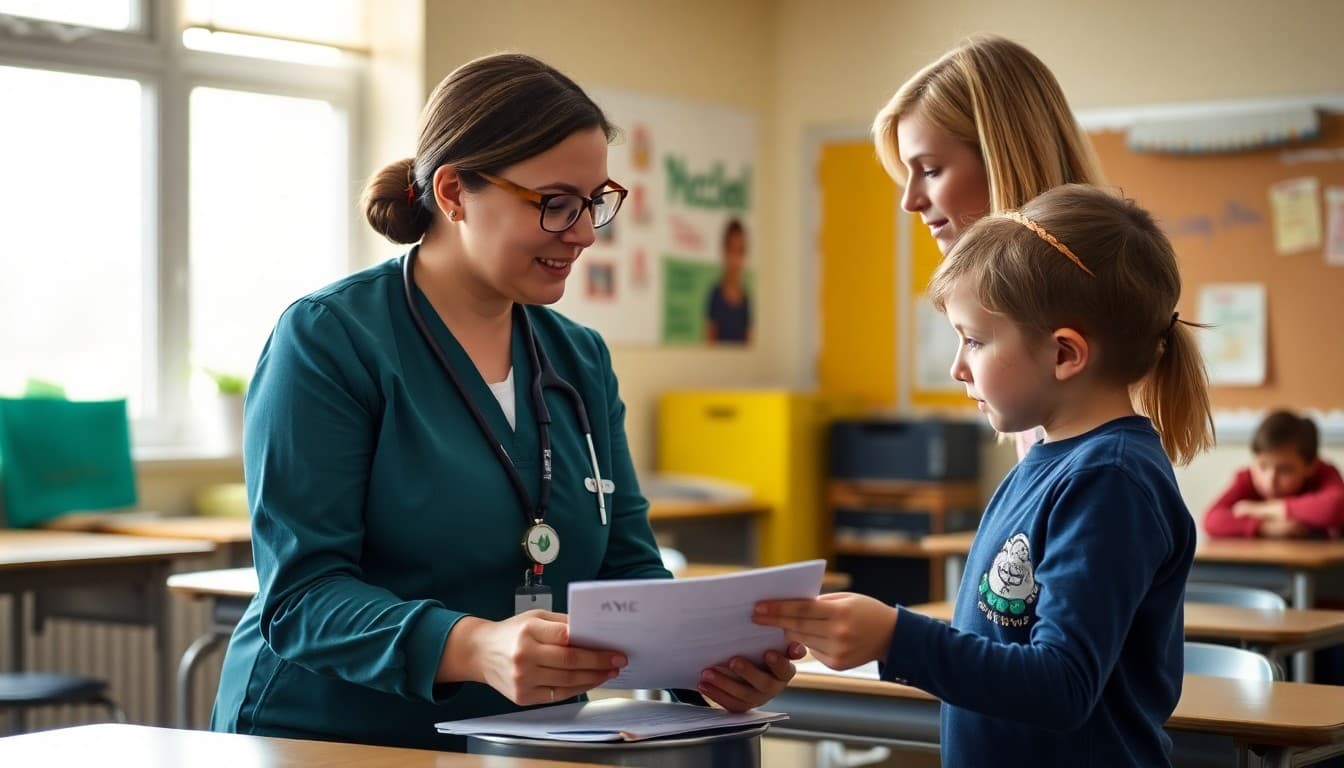 School nurse reviewing student allergy action plan with classroom teacher for safety