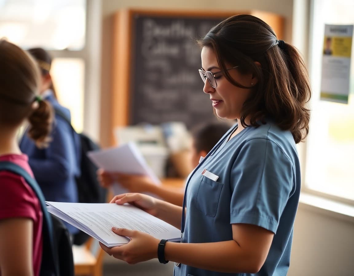 School nurse reviewing dental screening consent forms before health screening day