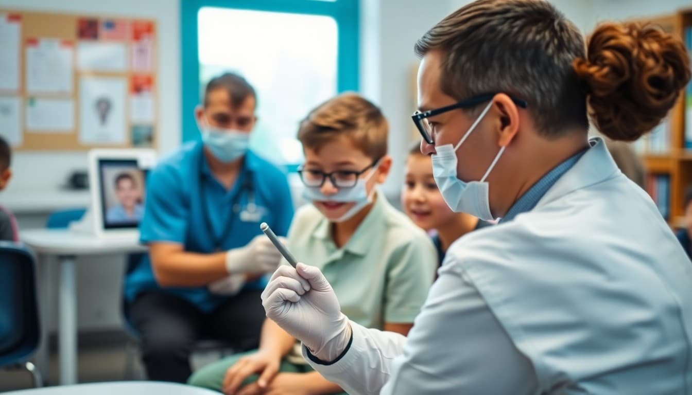 Dentist doing free dental screening at school health day with students
