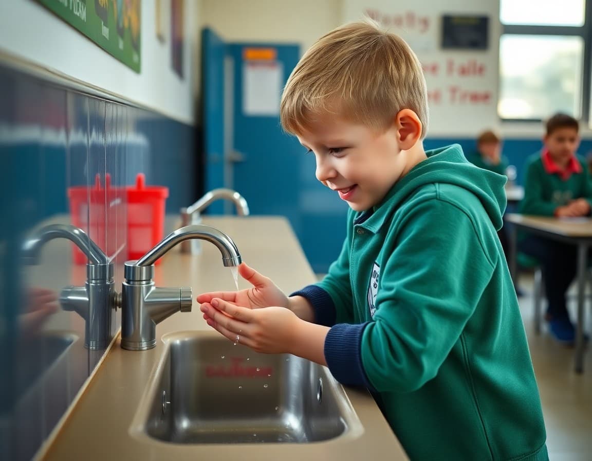 Student washing hands at school sink following flu prevention hygiene protocol