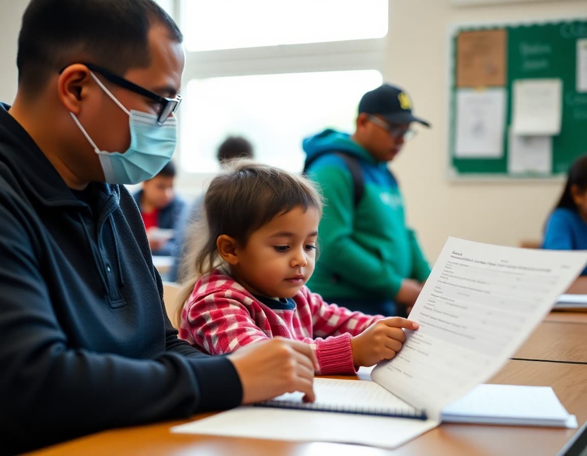 Parent reviewing child's immunization records before school health deadline