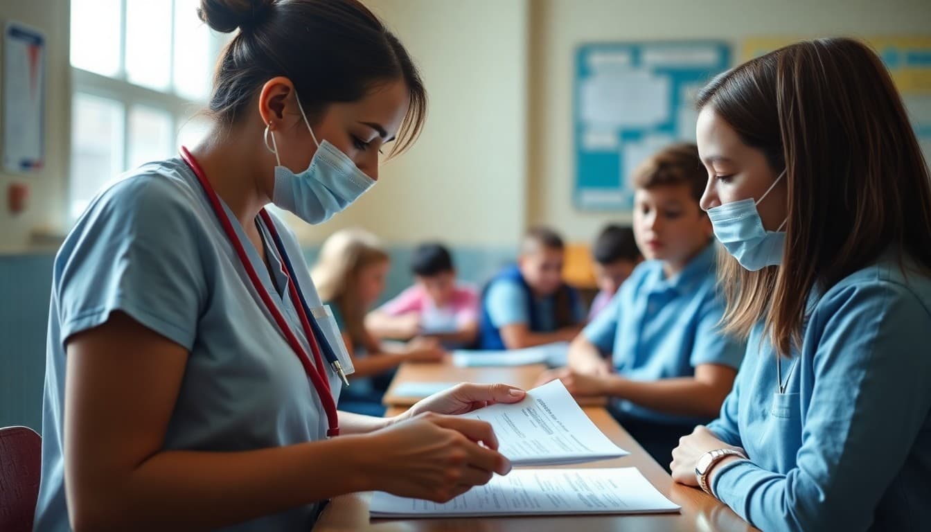 School nurse reviewing student immunization record compliance with health paperwork