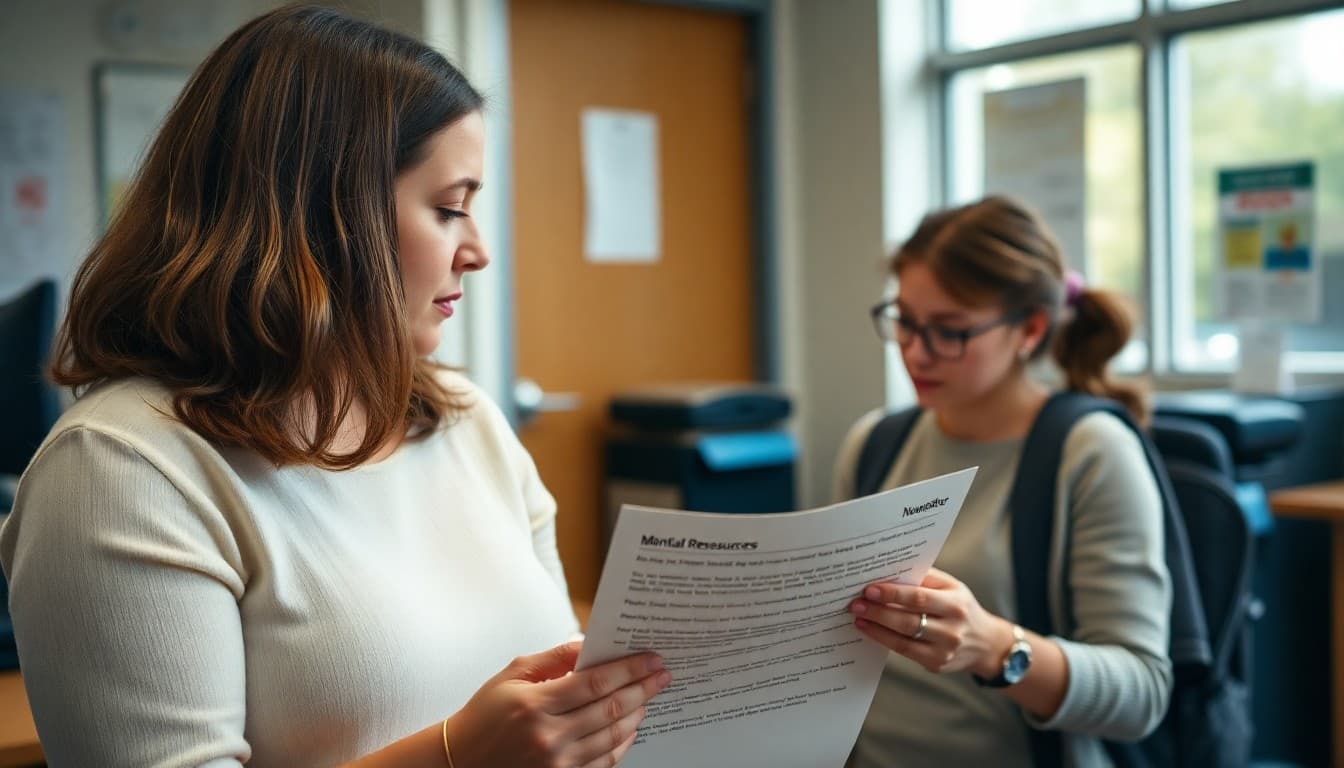 School counselor listing mental health resources in newsletter at school office