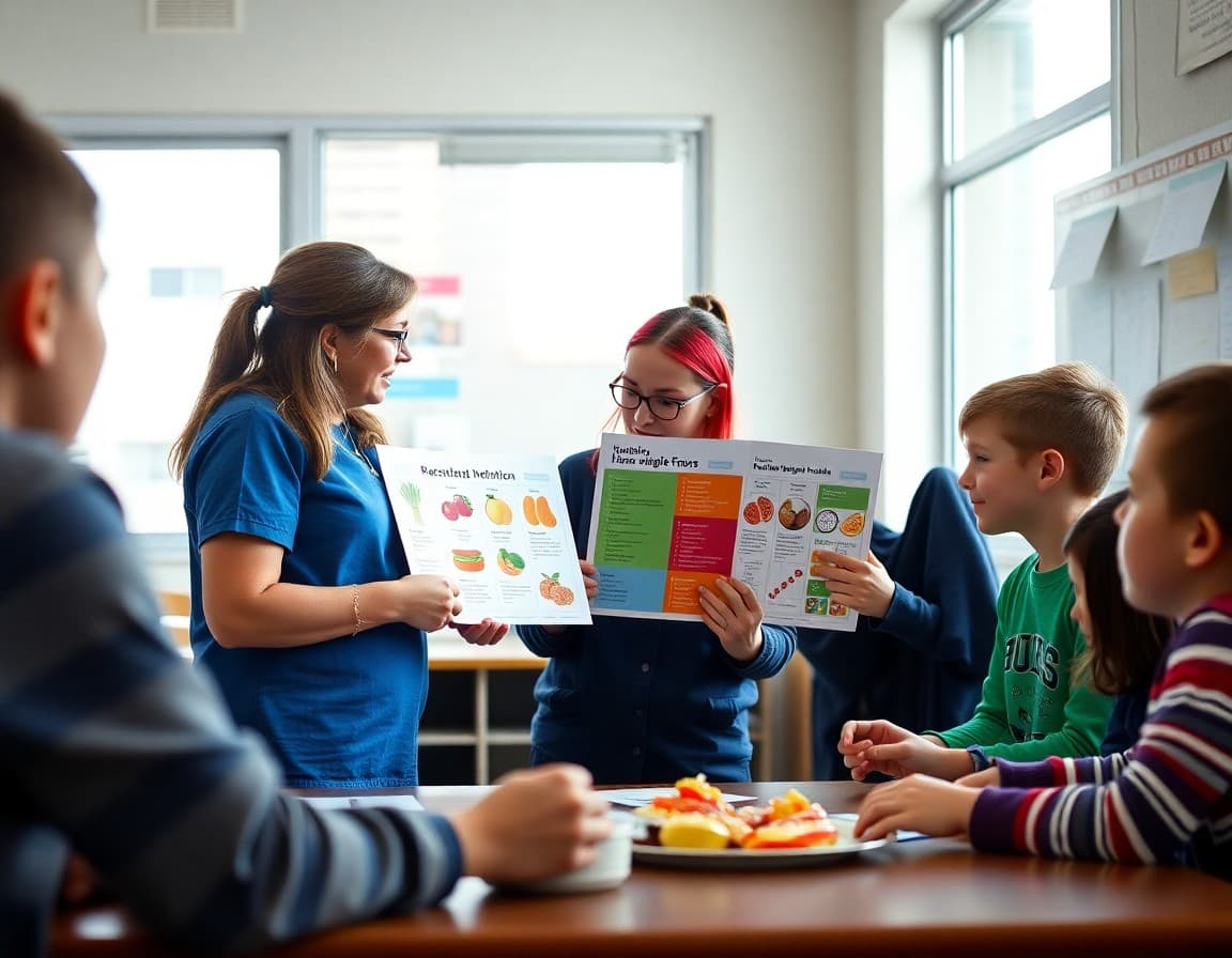 Students learning about nutrition with a school nurse reviewing food group charts together