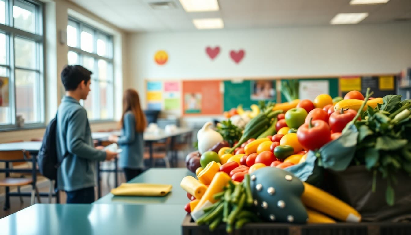 School cafeteria promoting healthy food choices with colorful fruits and vegetables on display