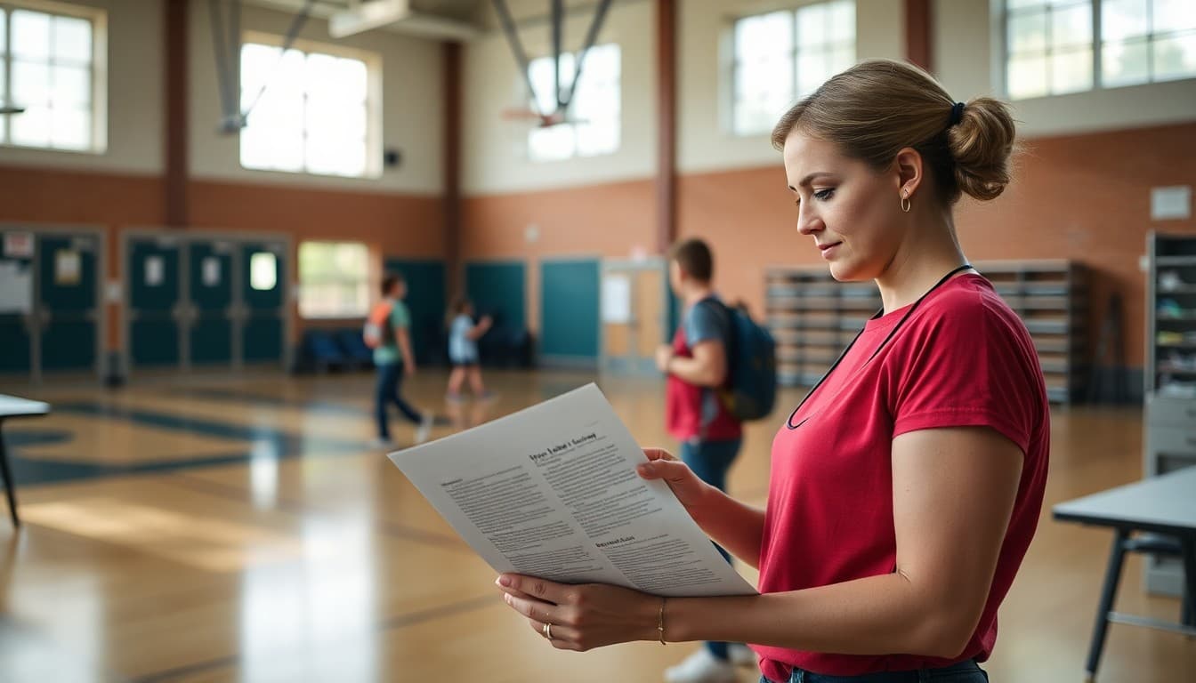 PE teacher preparing back-to-school newsletter with gym in background