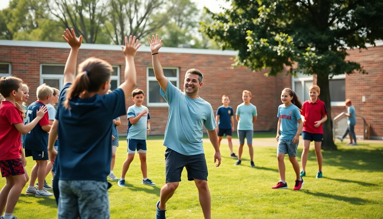 PE teacher celebrating end of year with students during an outdoor physical education class
