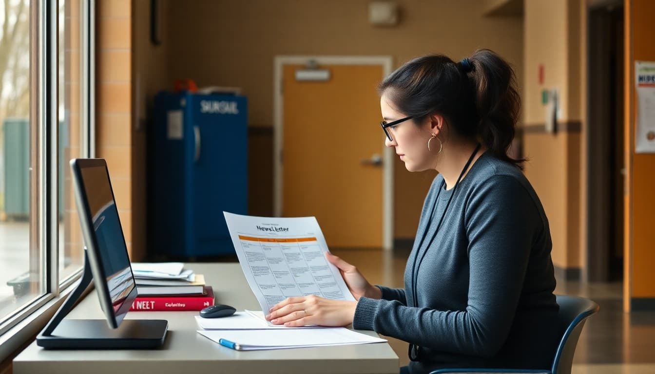 PE teacher using a monthly newsletter template at a desk outside the gymnasium