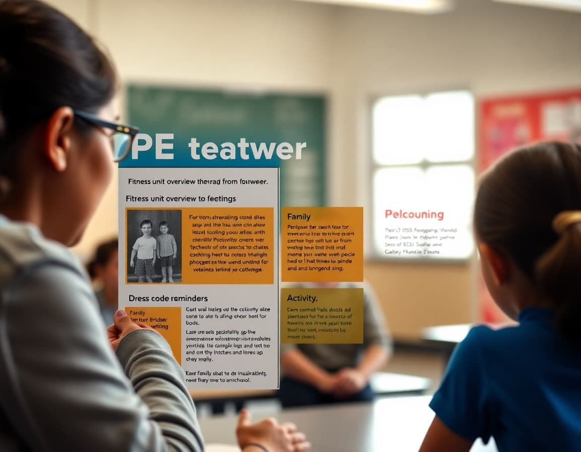 PE teacher newsletter guide showing fitness unit overview, dress code reminders, and family activity suggestions