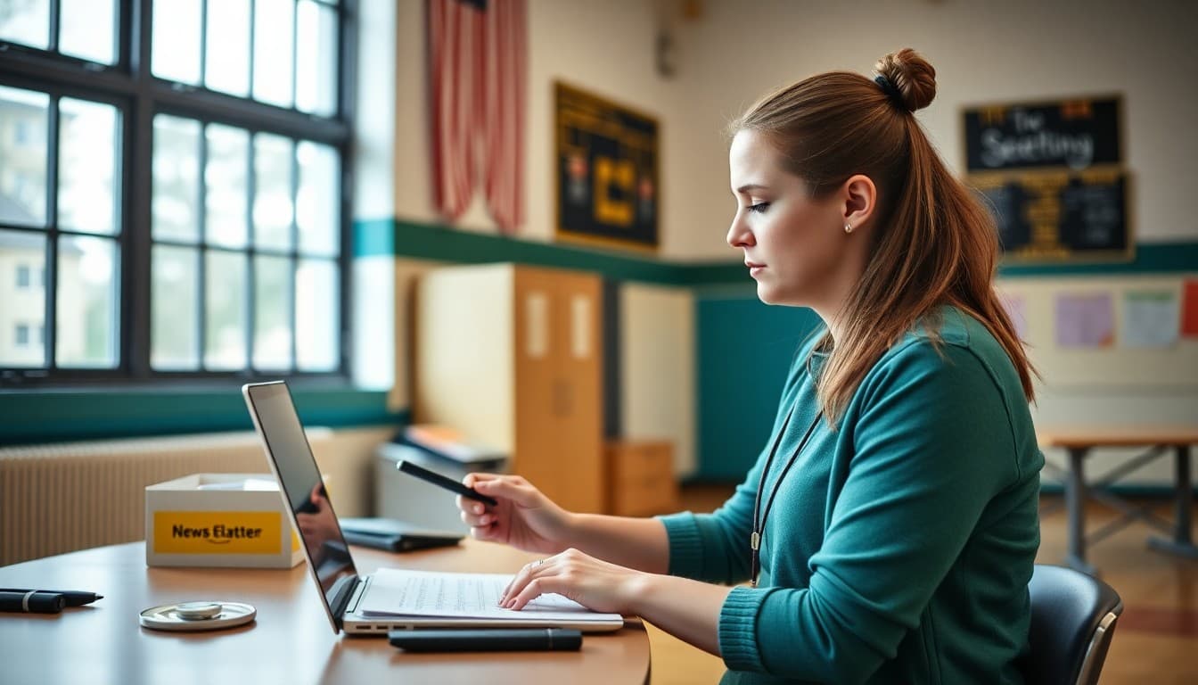 PE teacher preparing a newsletter update for school families at a gymnasium desk