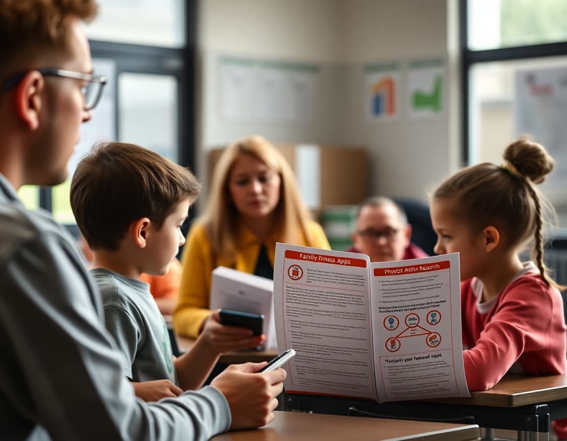 PE teacher newsletter showing family fitness apps, activity suggestions, and physical activity research