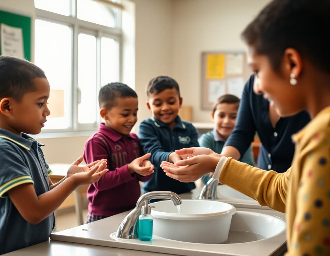 Students learning proper handwashing technique from school health educator in classroom setting