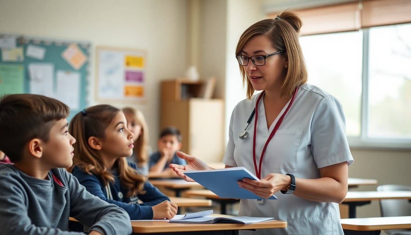 School nurse sharing communicable disease prevention tips with students during health education class