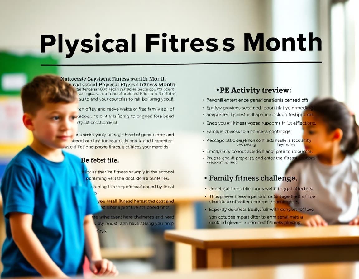 National Physical Fitness Month school newsletter with PE activity preview and family fitness challenge