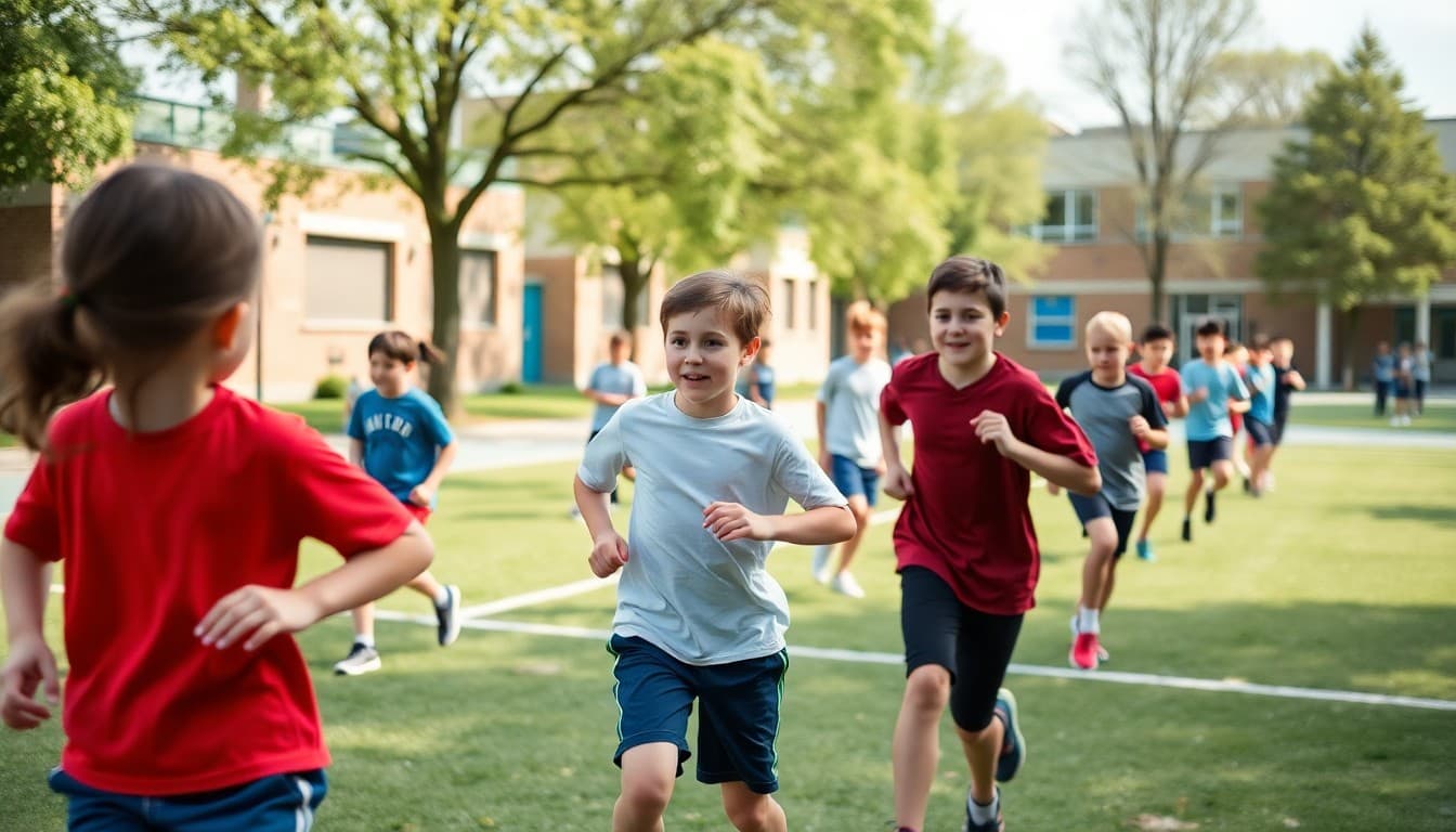Students doing outdoor physical fitness activities and relay races during PE class in May