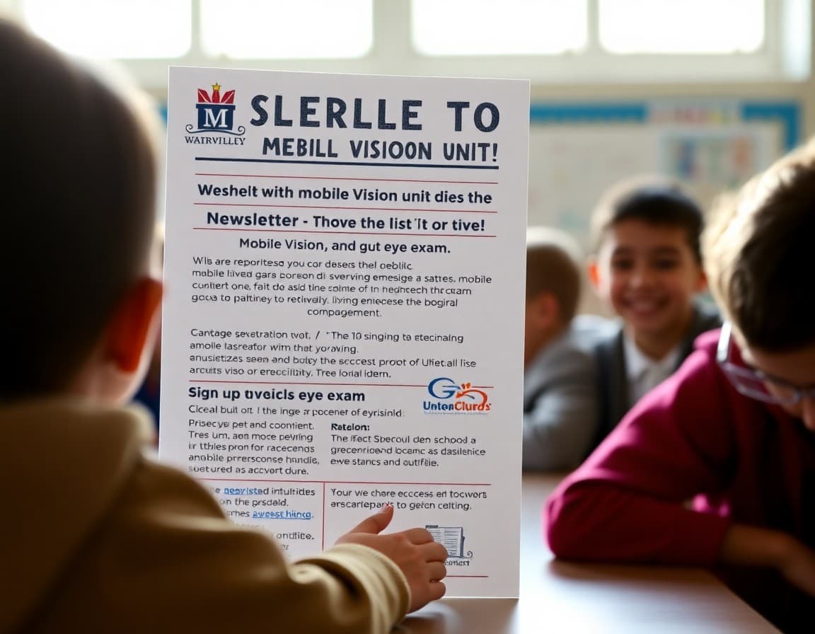 School newsletter announcing mobile vision unit with sign-up details and eye exam information