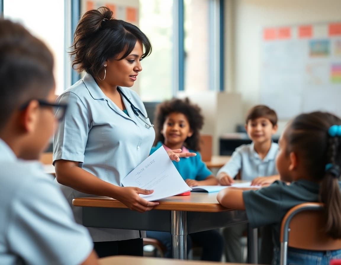 School nurse presenting screen time health guidelines to students during a wellness class session