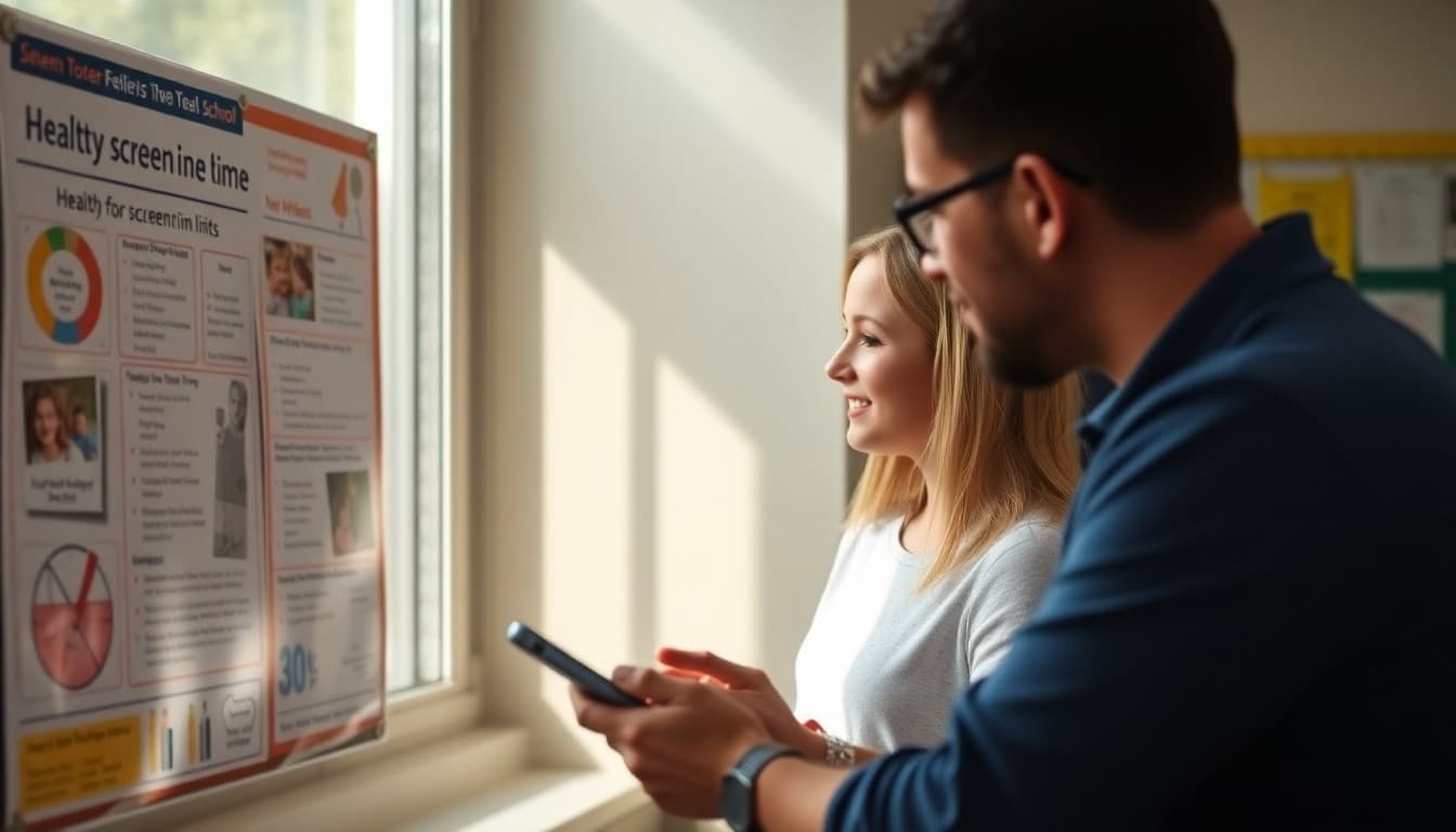 Family reviewing healthy screen time limits posted on a bulletin board from school newsletter
