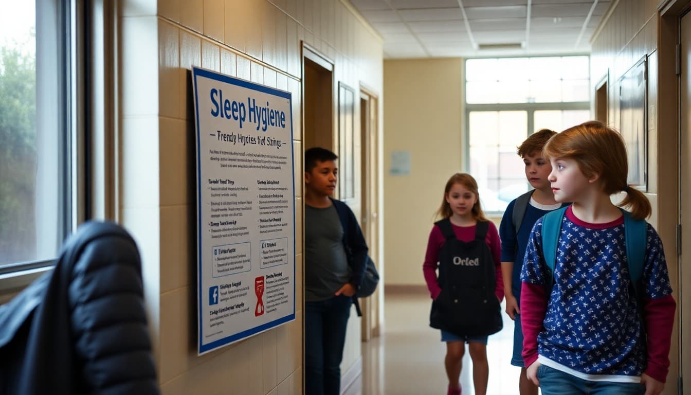 School sharing sleep hygiene tips for students with informative poster in school hallway