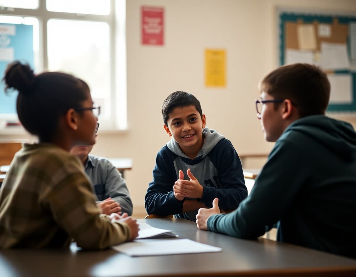Students practicing conflict resolution skills in guided classroom SEL activity