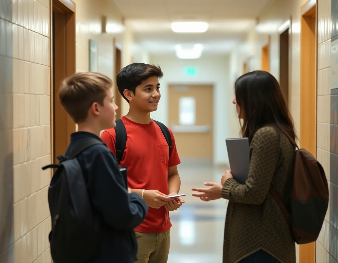 Student and school counselor having brief check-in conversation in hallway