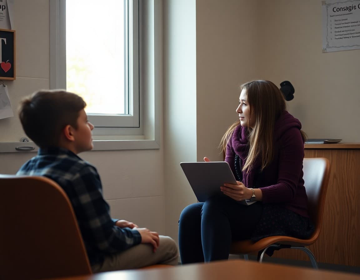 School counselor and student having supportive conversation in private counseling space